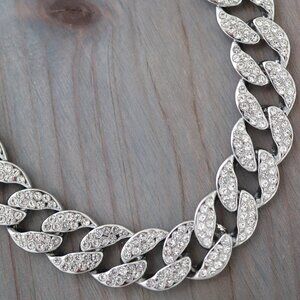 15mm 20inches Cuban Ice Round Curb Diamond Chain Necklace with Rhinestones Silve
